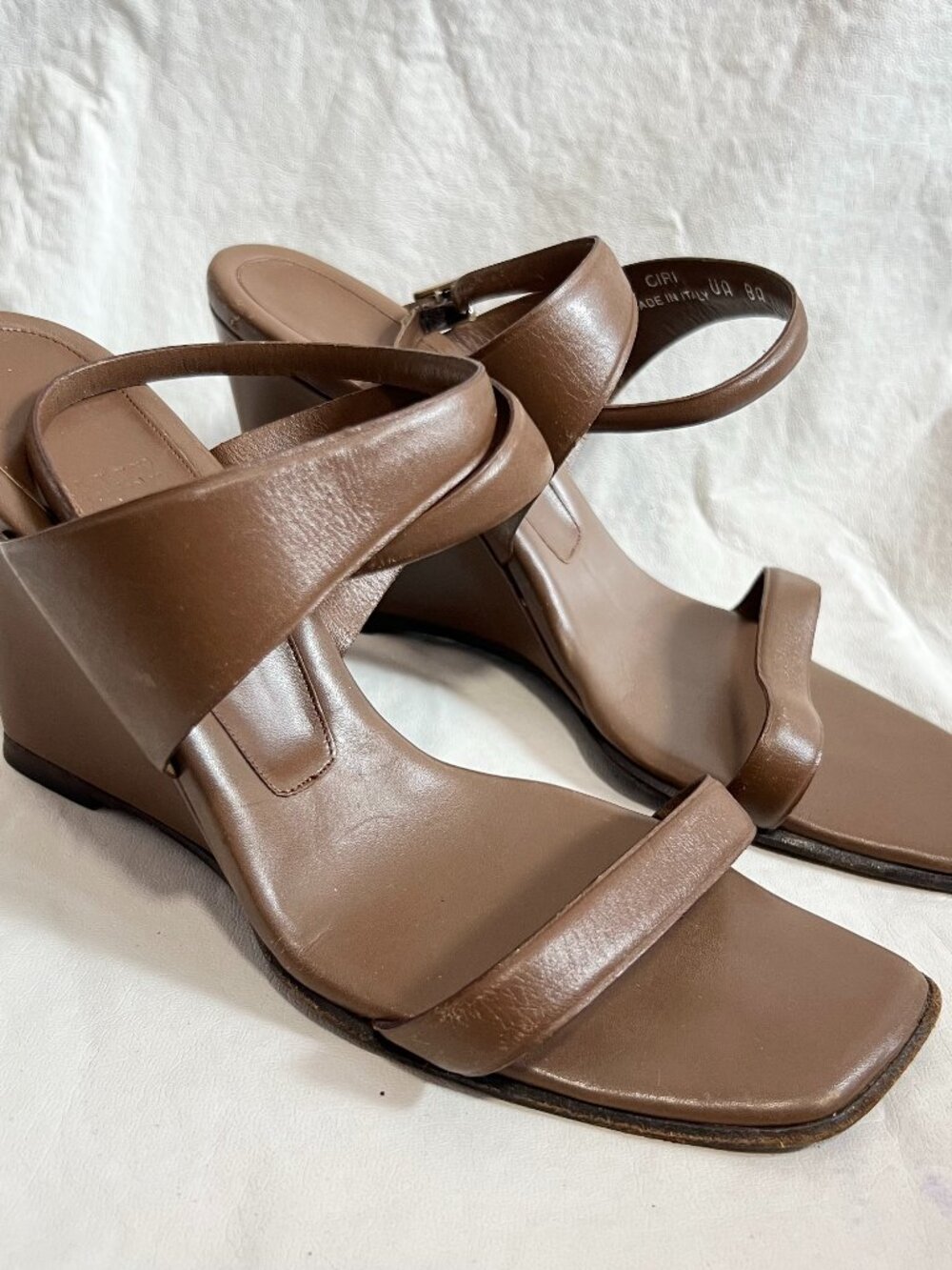 Bally high heel sandals brown leather wrap around ankle strap wedge size 6 36.5